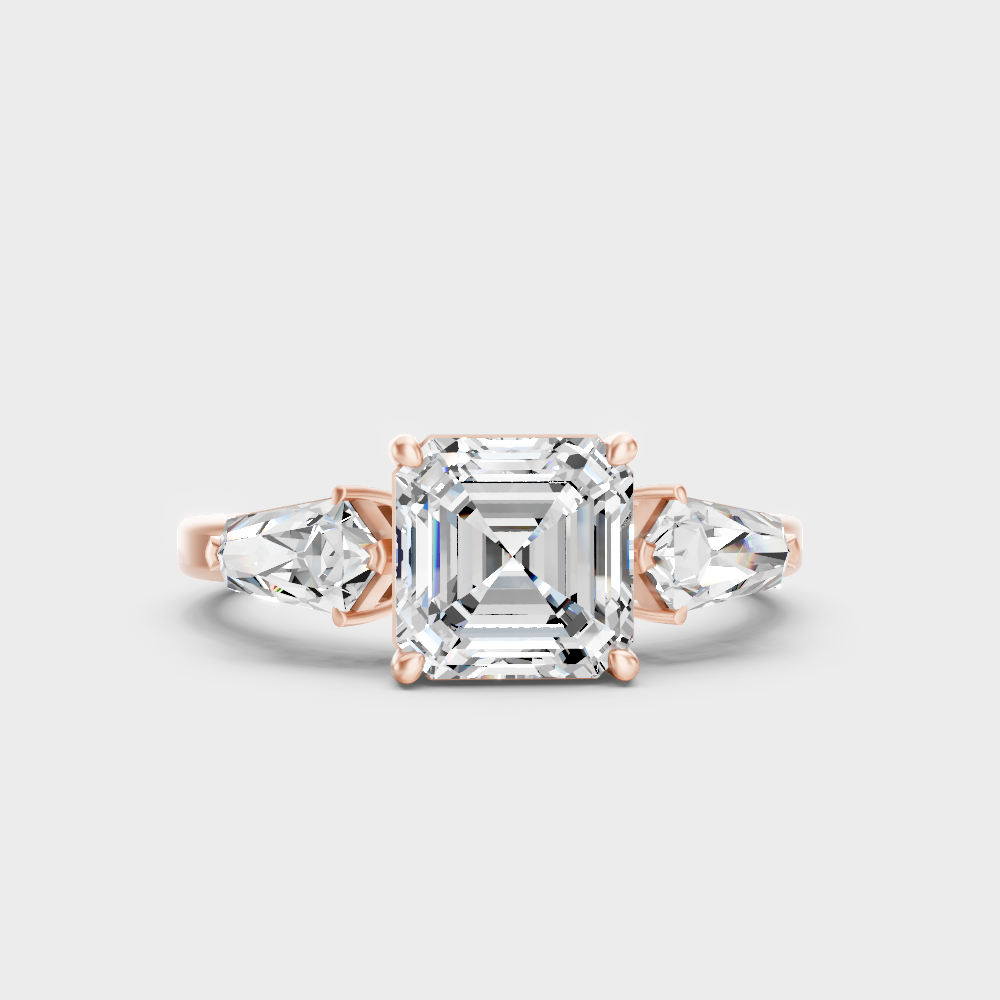 Unique Rose Gold Ring Featuring An Asscher Center Stone And Kite-Shaped Side Diamonds
